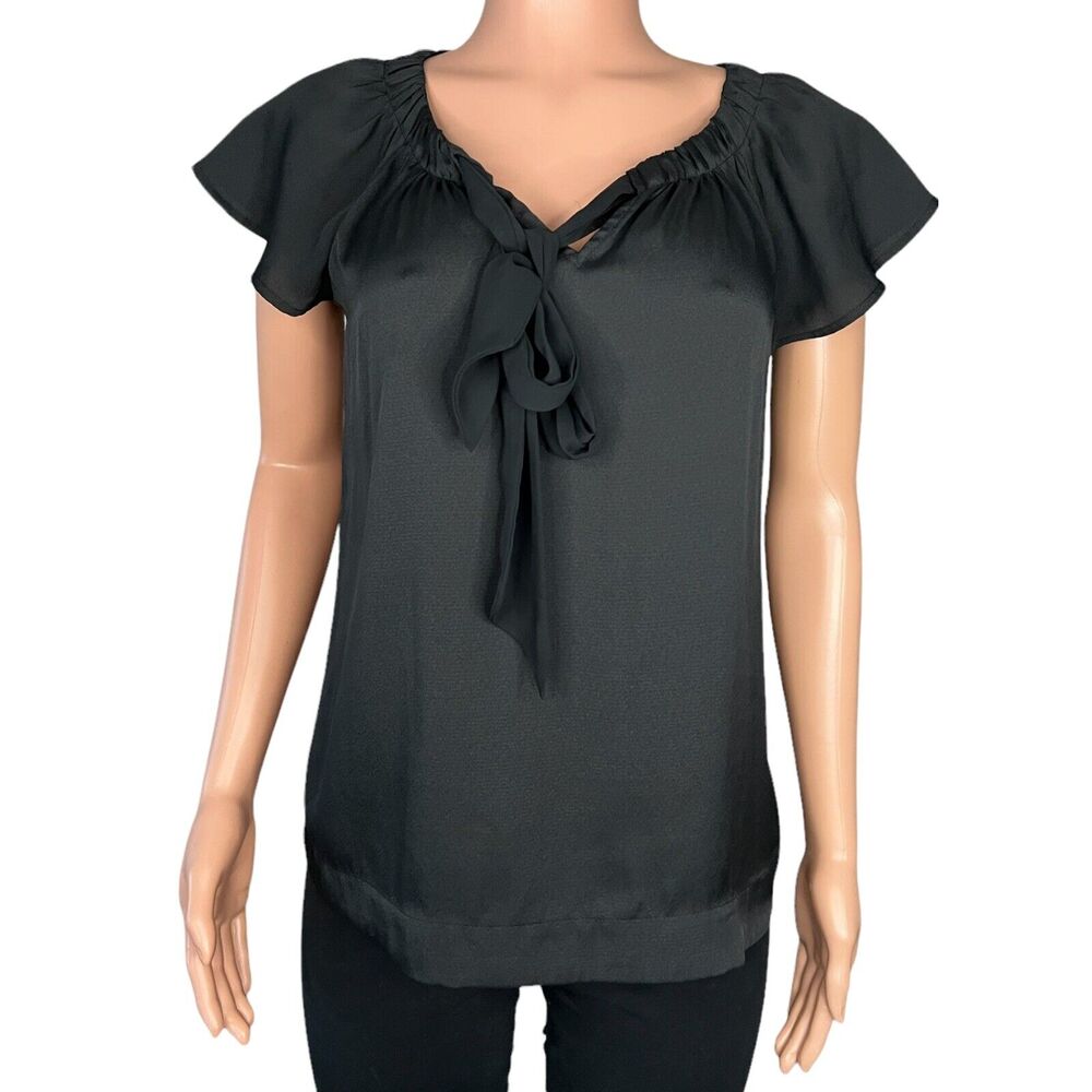 Ann Taylor Loft Shirt Womens XS Black Short Sleeve Scoop Tie Neck Polyester Top